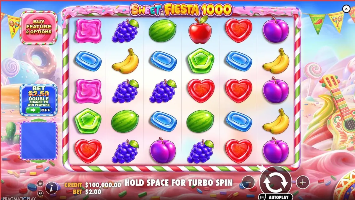 Sweet Fiesta 1000 মোবাইল গেমিং ইন্টারফেস এবং রঙিন ক্যান্ডি থিম